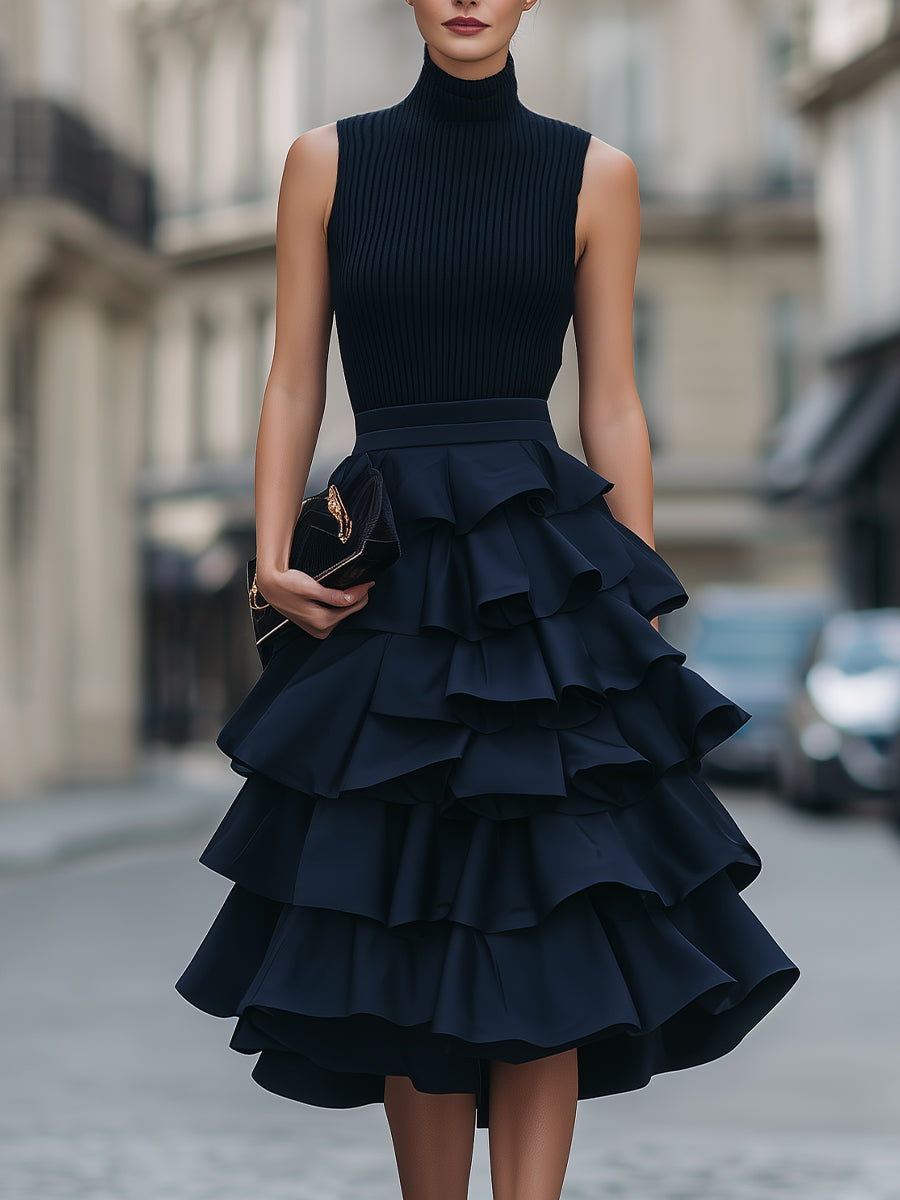 Sleeveless high neck tiered ruffle midi dress from My Store featuring layered fabric and a flowy, elegant design.