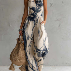 White ink wash print halter neck wide-leg jumpsuit with pockets, women's pants by My Store, featuring a stylish, relaxed fit.