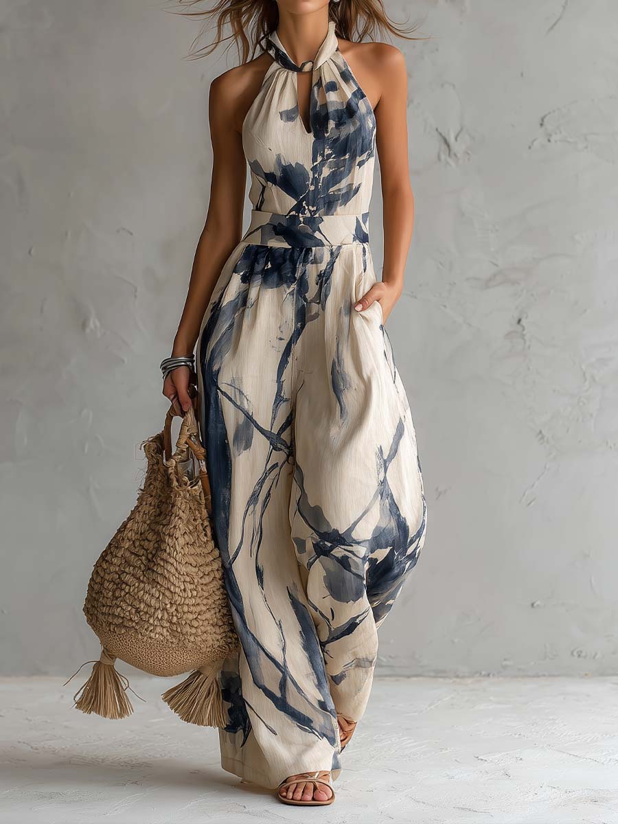 White ink wash print halter neck wide-leg jumpsuit with pockets, women's pants by My Store, featuring a stylish, relaxed fit.