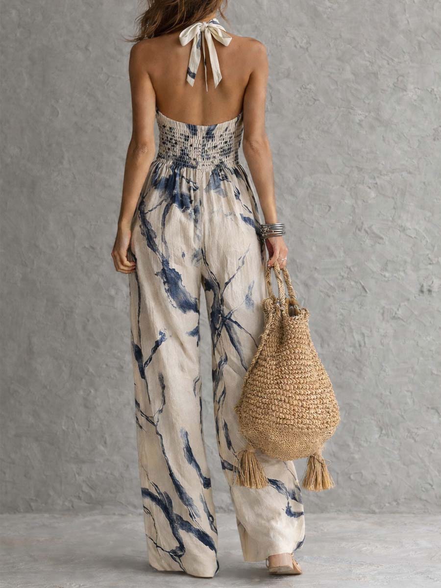 White ink wash print women's halter neck wide-leg jumpsuit with pockets, stylish and comfortable pants for women.