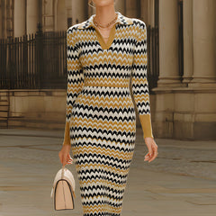 Retro chevron print polo-collar knit midi dress from My Store, perfect for summer business wear, shown on a model.