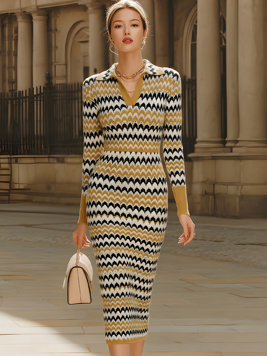 Retro chevron print polo-collar knit midi dress from My Store, perfect for summer business wear, shown on a model.