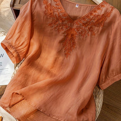 Flowy white linen summer blouse for women with V-neck, casual and breathable top from My Store.