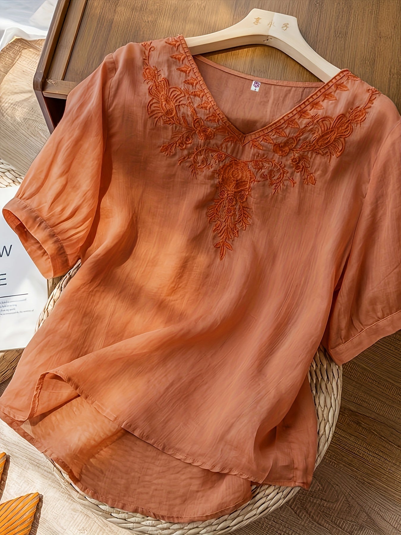Flowy white linen summer blouse for women with V-neck, casual and breathable top from My Store.