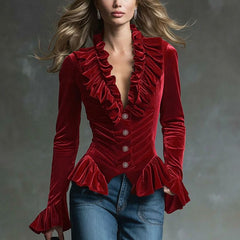 Cocoa Brown Velvet V-Neck Ruffled Long Sleeve Blouse with feminine ruffle details and fitted long sleeves, stylish and elegant.