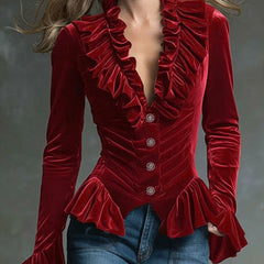Cocoa Brown Velvet V-neck blouse with ruffled long sleeves, stylish and elegant for women, from the Blouses & Shirts category.
