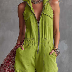 Bright green cotton linen women's jumpsuit with zip-front, stylish and comfortable pants, from My Store.