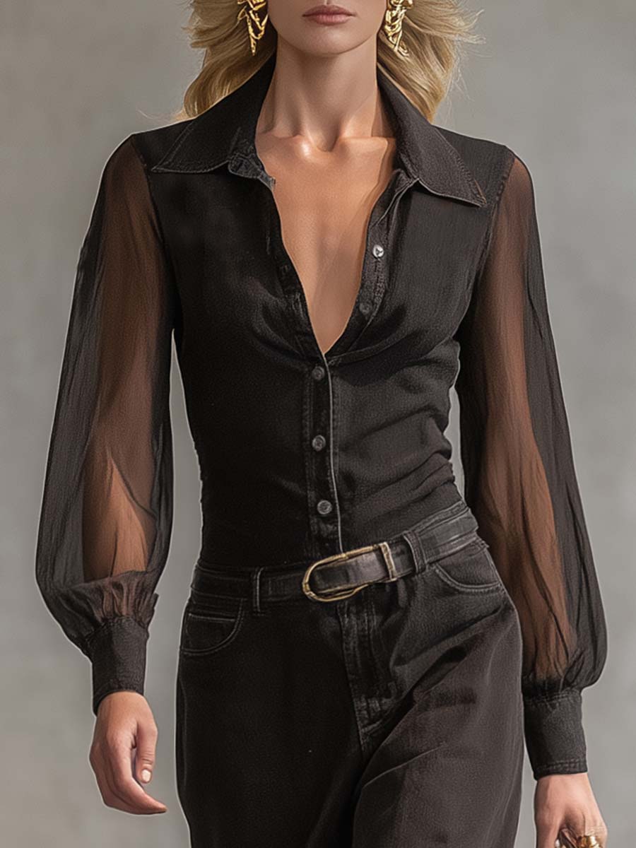 Black denim V-neck maxi dress from My Store featuring a casual, flowing design with long sleeves and a relaxed fit.