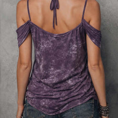 Purple boho tie-dye strappy cami top for women, short sleeve boho T-shirt with colorful tie-dye pattern and adjustable straps.