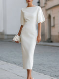 Tammy Bradley boat-neck short-sleeve midi dress for women, shown in a stylish, fitted design with a smooth fabric finish.