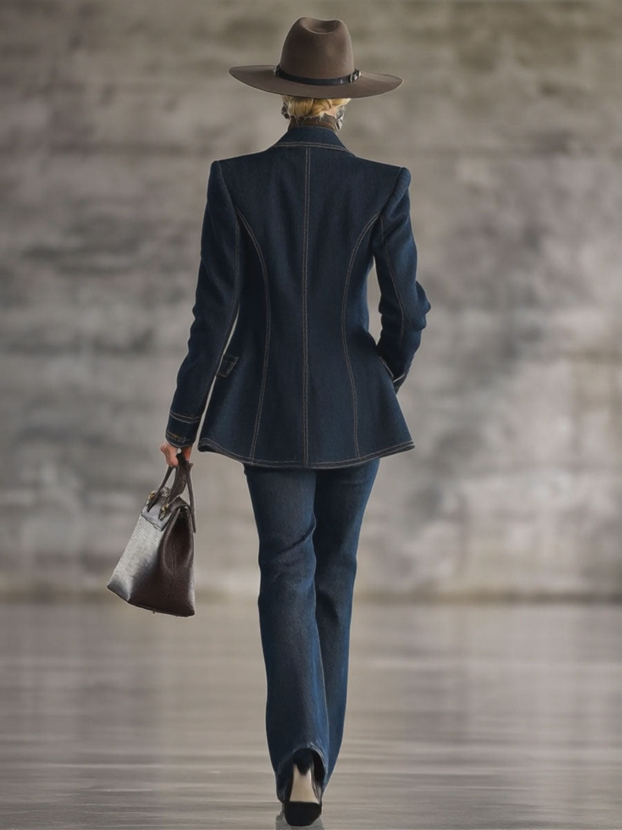 Navy topstitched denim jacket for women, stylish casual outerwear with button-front and classic fit.