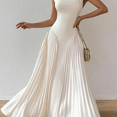 White A-line maxi dress with loose pleats and V-neck, stylish solid color design from My Store.