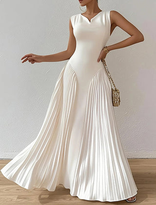 White A-line maxi dress with loose pleats and V-neck, stylish solid color design from My Store.