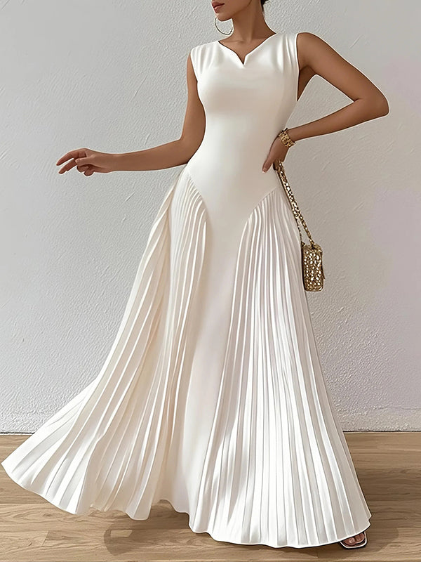 White A-line maxi dress with loose pleats and V-neck, stylish solid color design from My Store.