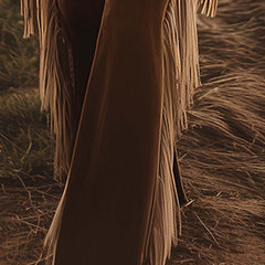 Brown Western fringe flared jeans for women, stylish pants with fringe details, from My Store.
