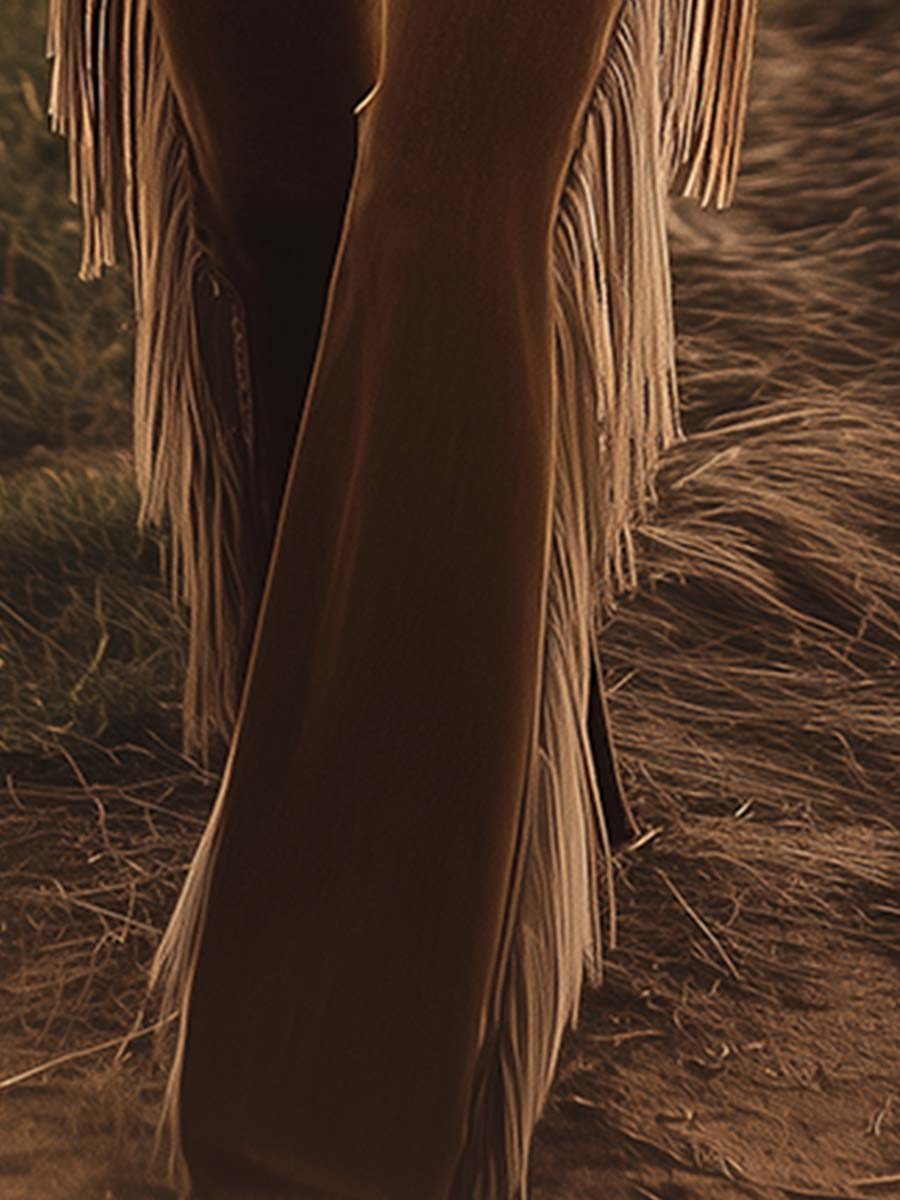 Brown Western fringe flared jeans for women, stylish pants with fringe details, from My Store.