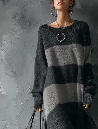 Retro round-neck contrast knitted midi dress by My Store, featuring a stylish design and fitted silhouette for elegant occasions.