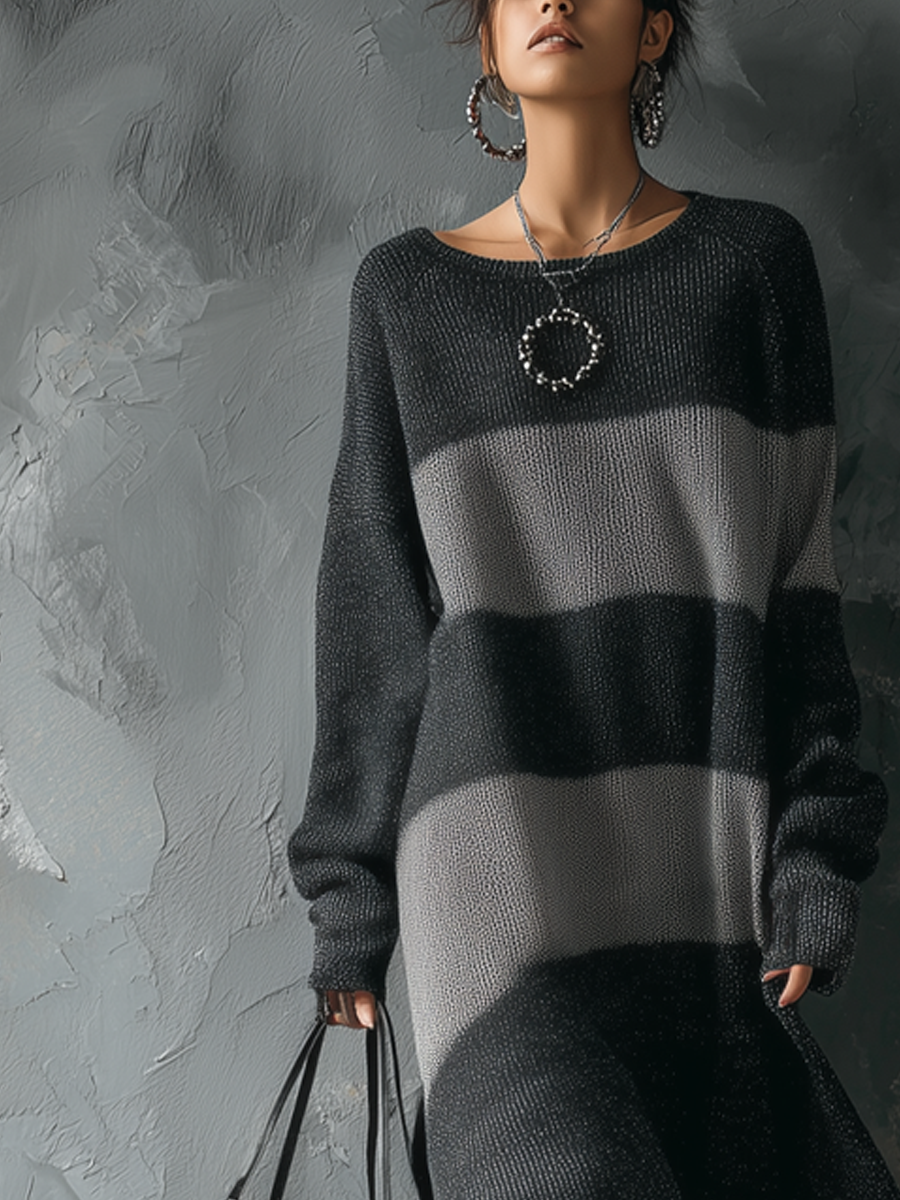 Retro round-neck contrast knitted midi dress by My Store, featuring a stylish design and fitted silhouette for elegant occasions.