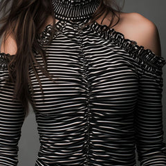 Black striped high neck cold-shoulder ruched T-shirt with long sleeves and fitted design, stylish and trendy top for women.