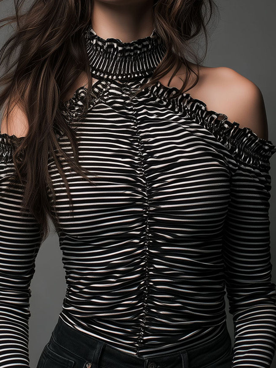 Black striped high neck cold-shoulder ruched T-shirt with long sleeves and fitted design, stylish and trendy top for women.