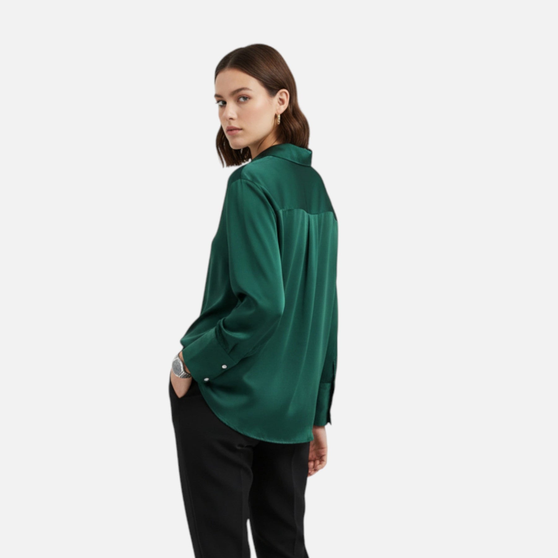Women's button-front long sleeve blouse with classic fit, made by My Store, shown in a neutral color with collar and cuffs.