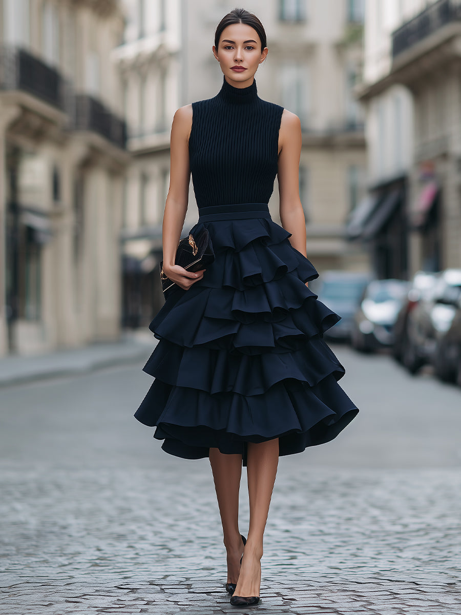 Sleeveless high neck tiered ruffle midi dress in soft fabric, featuring layered ruffle details and a stylish high neckline.
