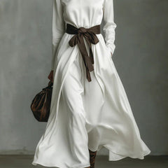 Color-blocked belted high-neck long-sleeved casual maxi dress by My Store, featuring a stylish design and flowing silhouette.
