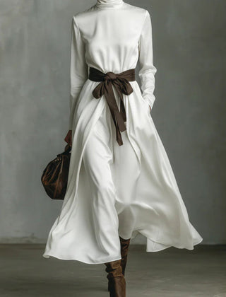 Color-blocked belted high-neck long-sleeved casual maxi dress by My Store, featuring a stylish design and flowing silhouette.
