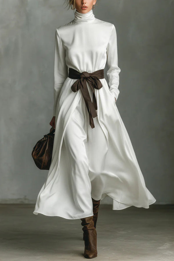 Color-blocked belted high-neck long-sleeved casual maxi dress by My Store, featuring a stylish design and flowing silhouette.