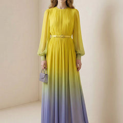 High waisted long sleeve maxi dress by My Store with belt, contrast color gradient, pleated design, split joint, and round neck.