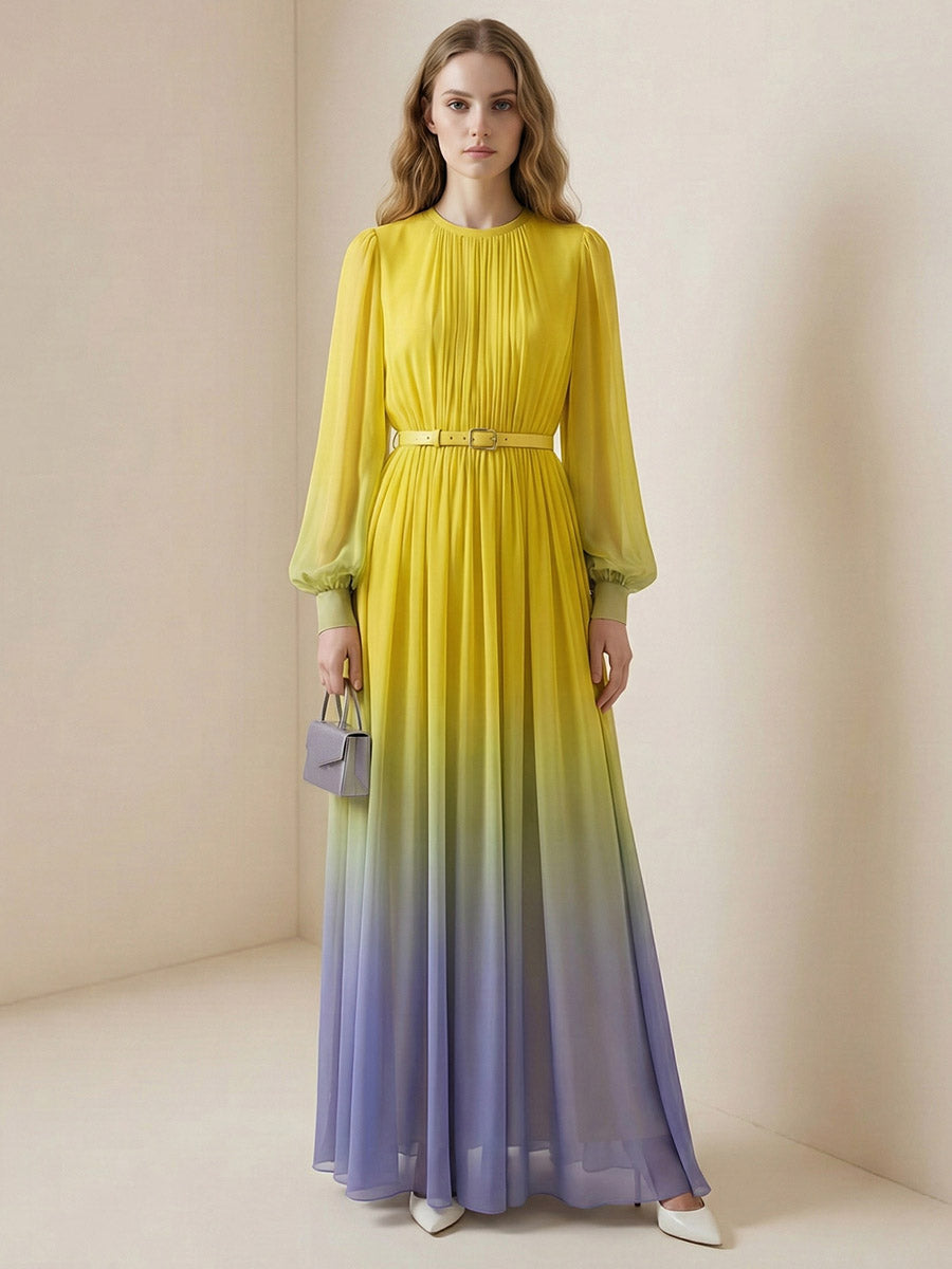 High waisted long sleeve maxi dress by My Store with belt, contrast color gradient, pleated design, split joint, and round neck.