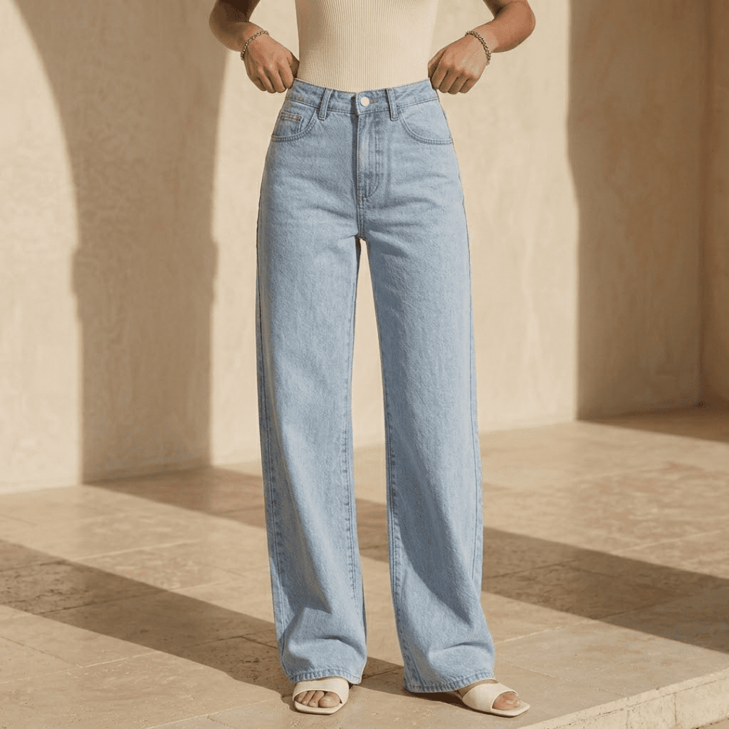 Women's high-waisted wide-leg denim jeans by Tammy Bradley, showing front view with classic blue denim and relaxed fit.