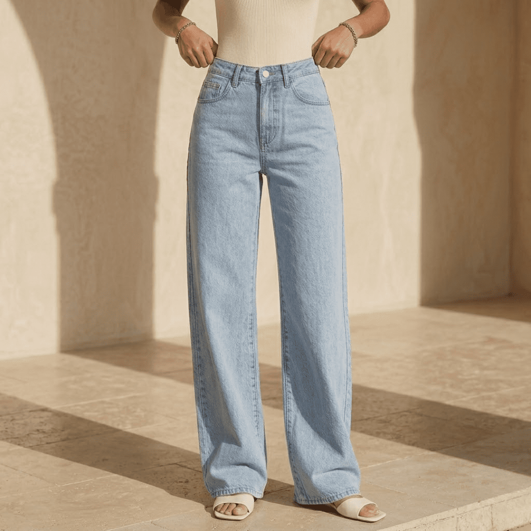 Women's high-waisted wide-leg denim jeans by Tammy Bradley, showing front view with classic blue denim and relaxed fit.