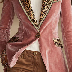 Pink velvet leopard print blazer with a single button, stylish jacket from My Store featuring a chic, fitted design.