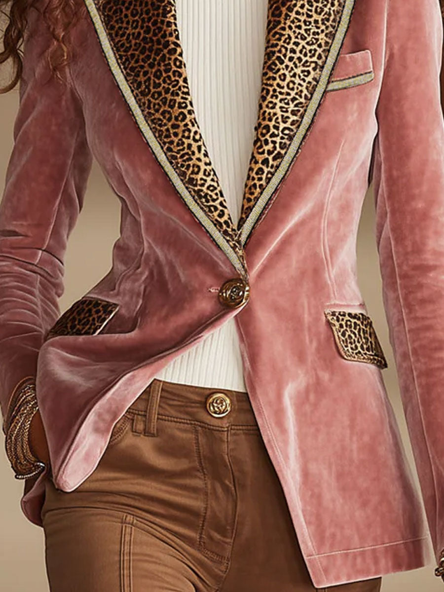 Pink velvet leopard print blazer with a single button, stylish jacket from My Store featuring a chic, fitted design.