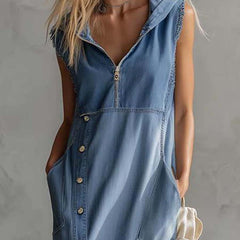 Blue denim V-neck midi dress from My Store, casual dress with sleeveless design and fitted waist, perfect for everyday wear.