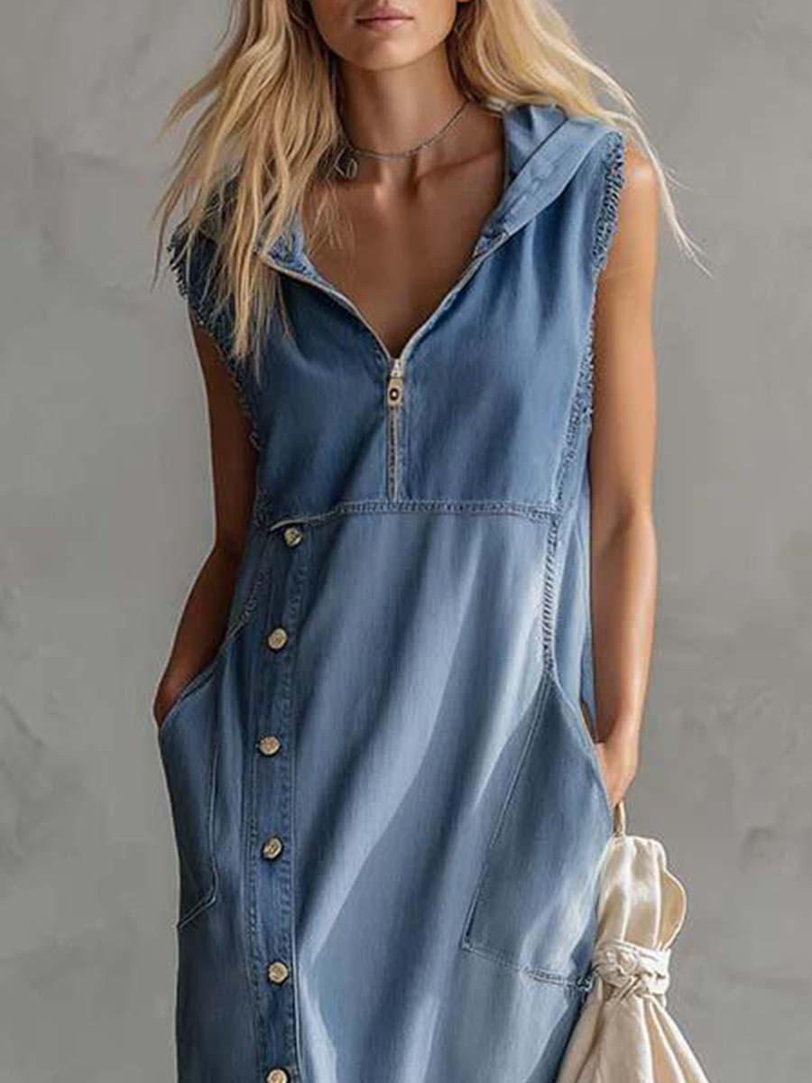 Blue denim V-neck midi dress from My Store, casual dress with sleeveless design and fitted waist, perfect for everyday wear.