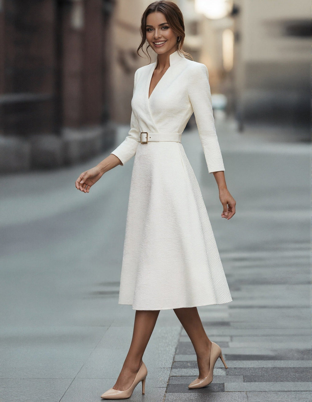 Gold V-neck A-line midi dress for women with three-quarter sleeves by Tammy Bradley, showcased on a model.