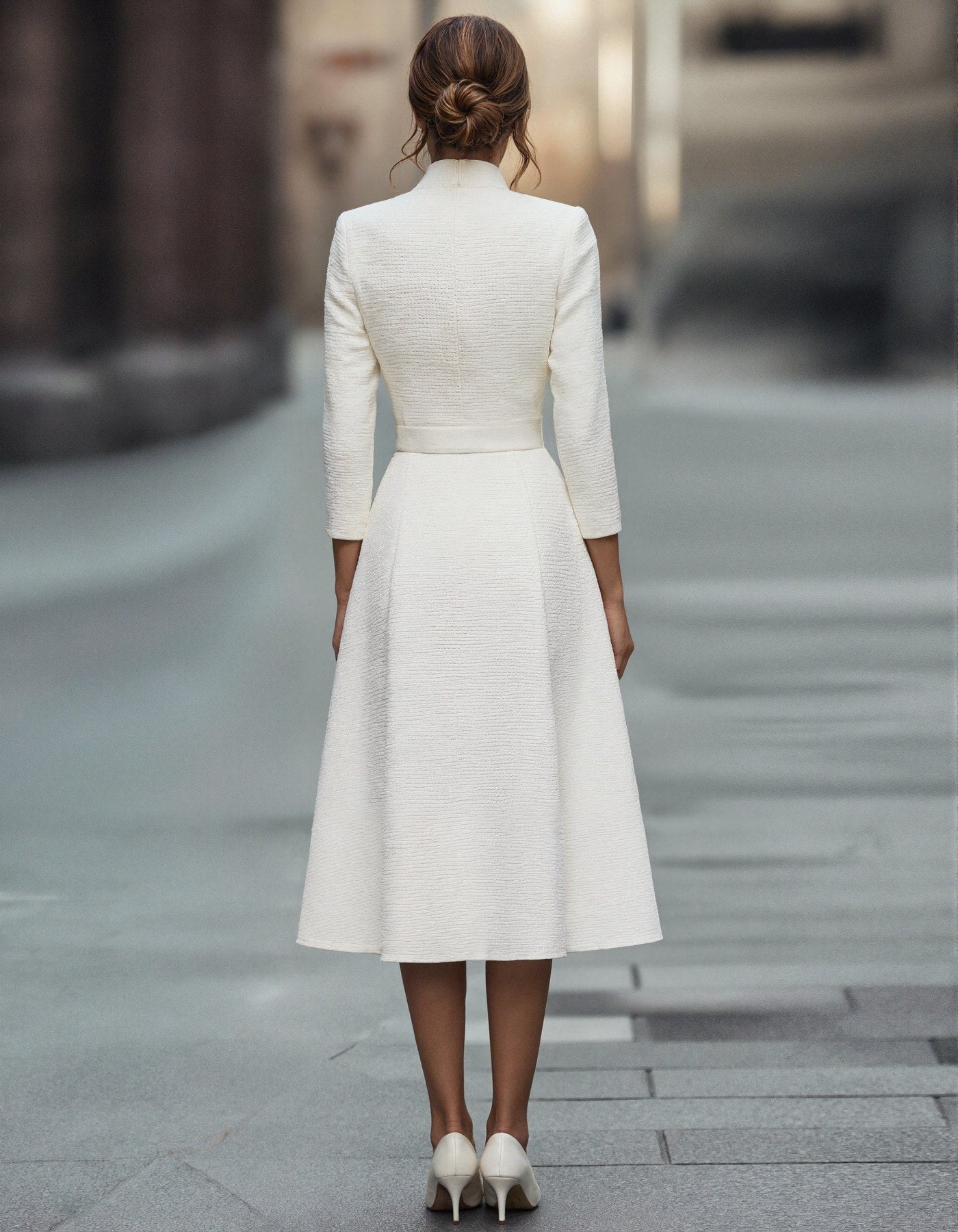 Gold V-neck A-line midi dress for women by Tammy Bradley featuring three-quarter sleeves and a flattering fit.