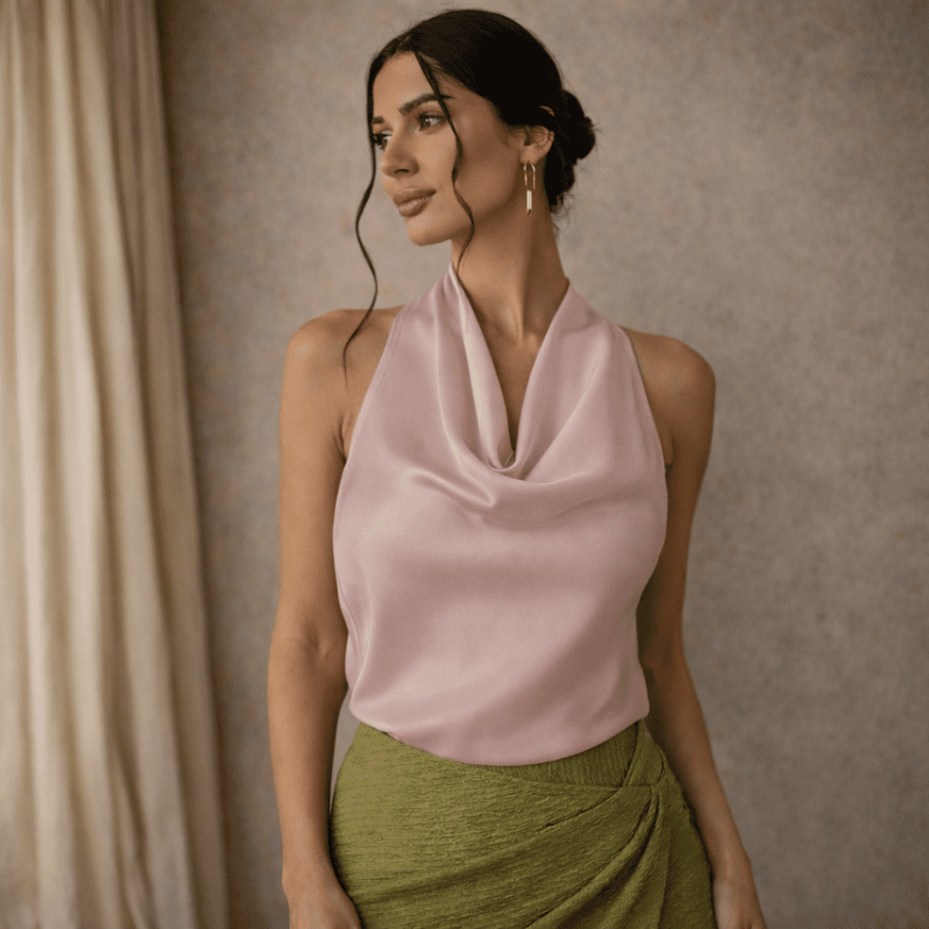 Cream satin sleeveless cowl-neck top for women by Tammy Bradley, featuring a smooth fabric and elegant draped neckline.