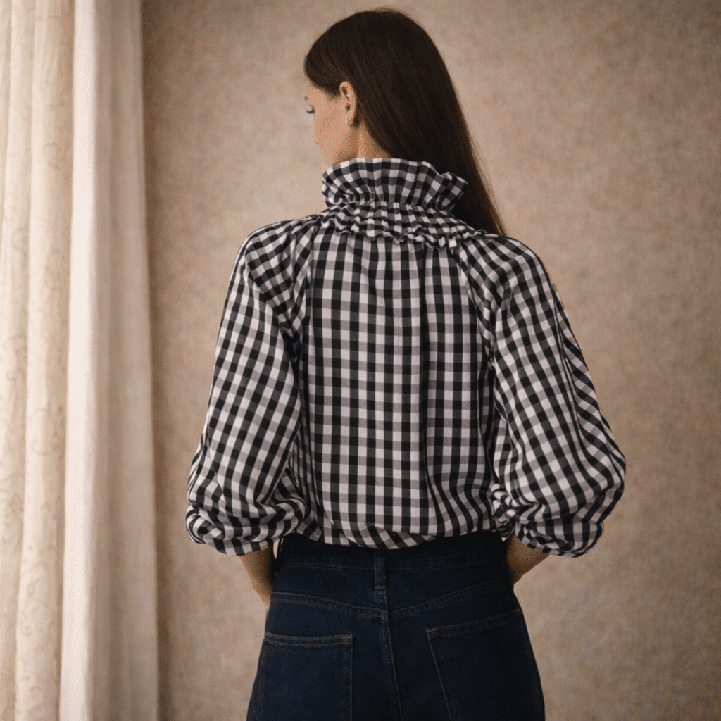 Tammy Bradley women's gingham ruffle oversized long-sleeve blouse, stylish top with ruffle details and relaxed fit.