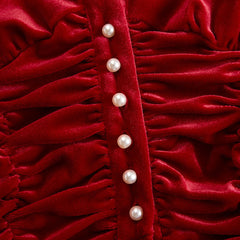 Red velvet pleated ruffled long sleeve blouse from My Store featuring feminine ruffles and a stylish, textured fabric.