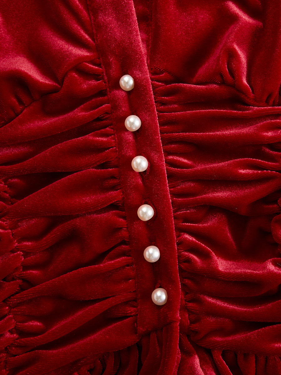 Red velvet pleated ruffled long sleeve blouse from My Store featuring feminine ruffles and a stylish, textured fabric.