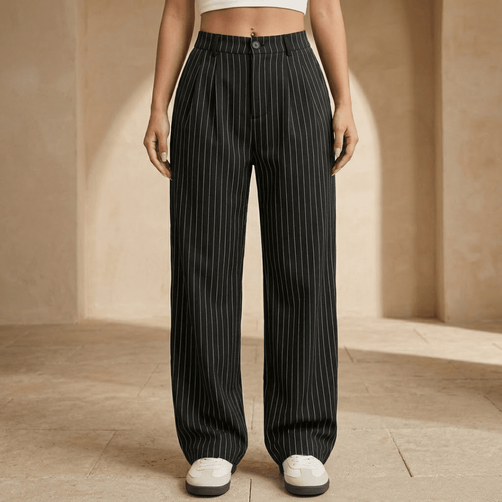Women’s pinstripe high-waisted wide-leg trousers by Tammy Bradley, featuring a classic pinstripe pattern and tailored fit.