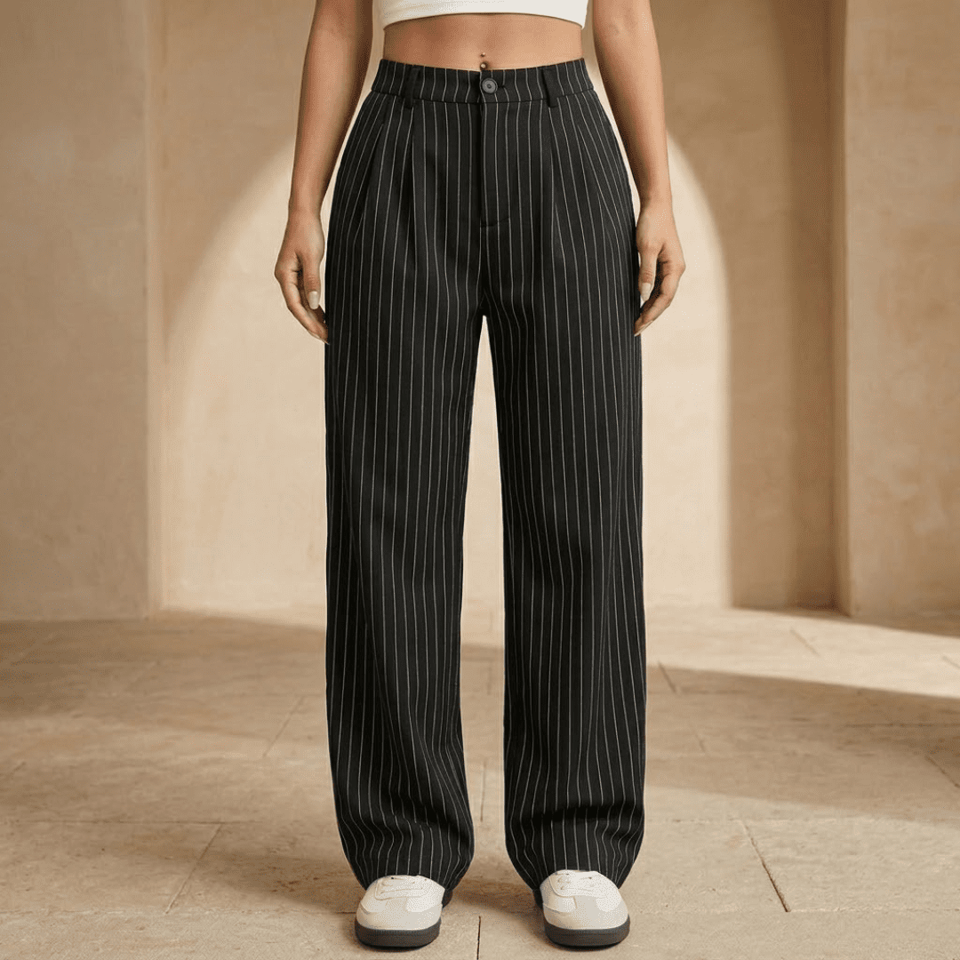 Women’s pinstripe high-waisted wide-leg trousers by Tammy Bradley, featuring a classic pinstripe pattern and tailored fit.