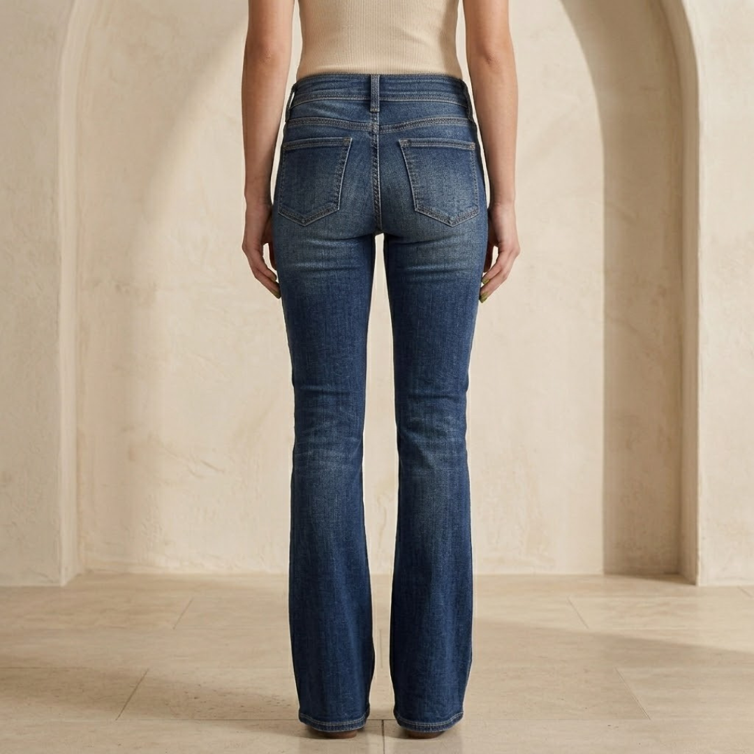 Women's mid-waist slim-fit flared stretch jeans with a classic denim look, featuring a fitted waist and flared leg design.