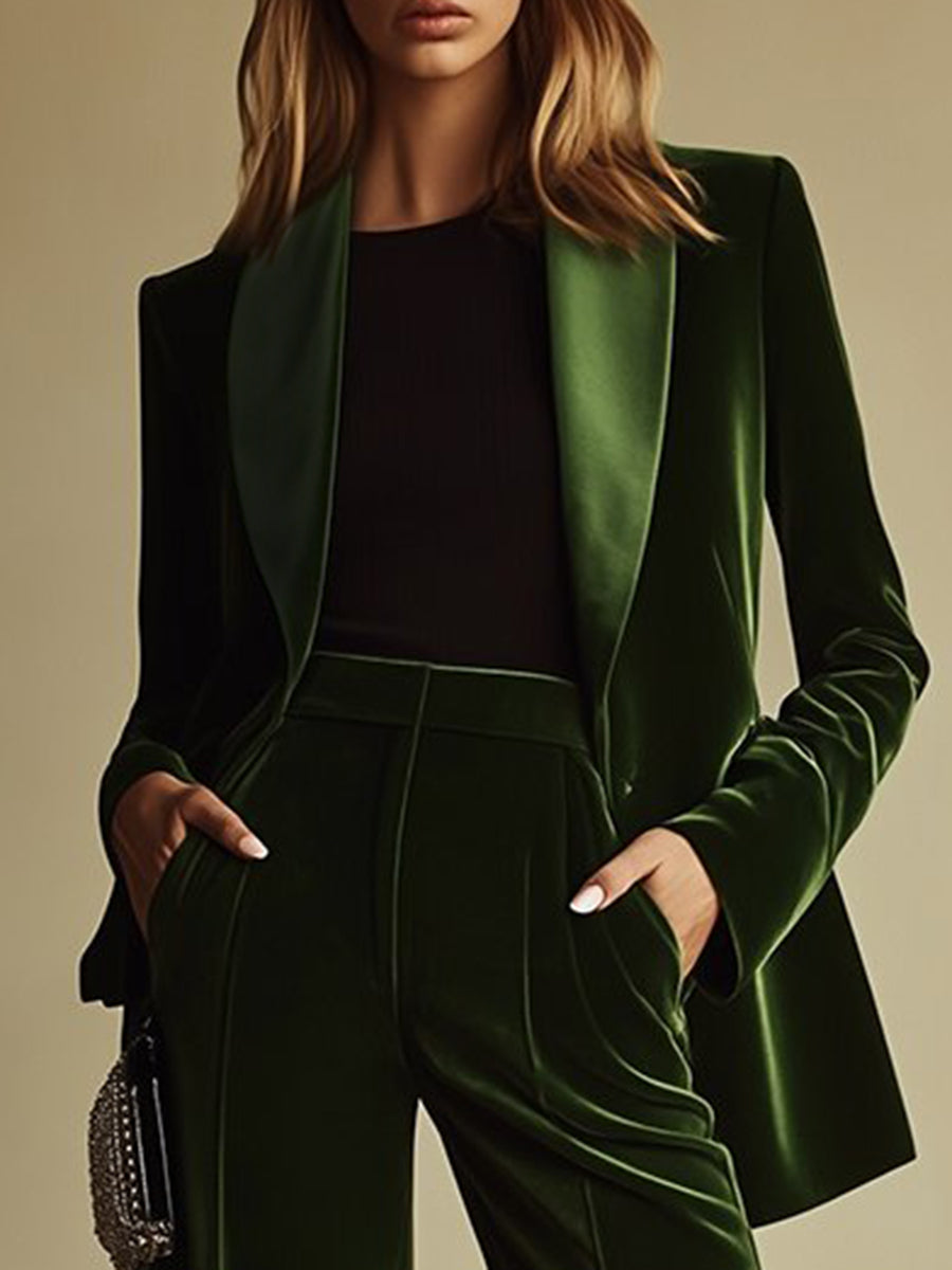 Emerald green loose velvet two-piece suit set for women, featuring stylish pants and top, made by My Store.
