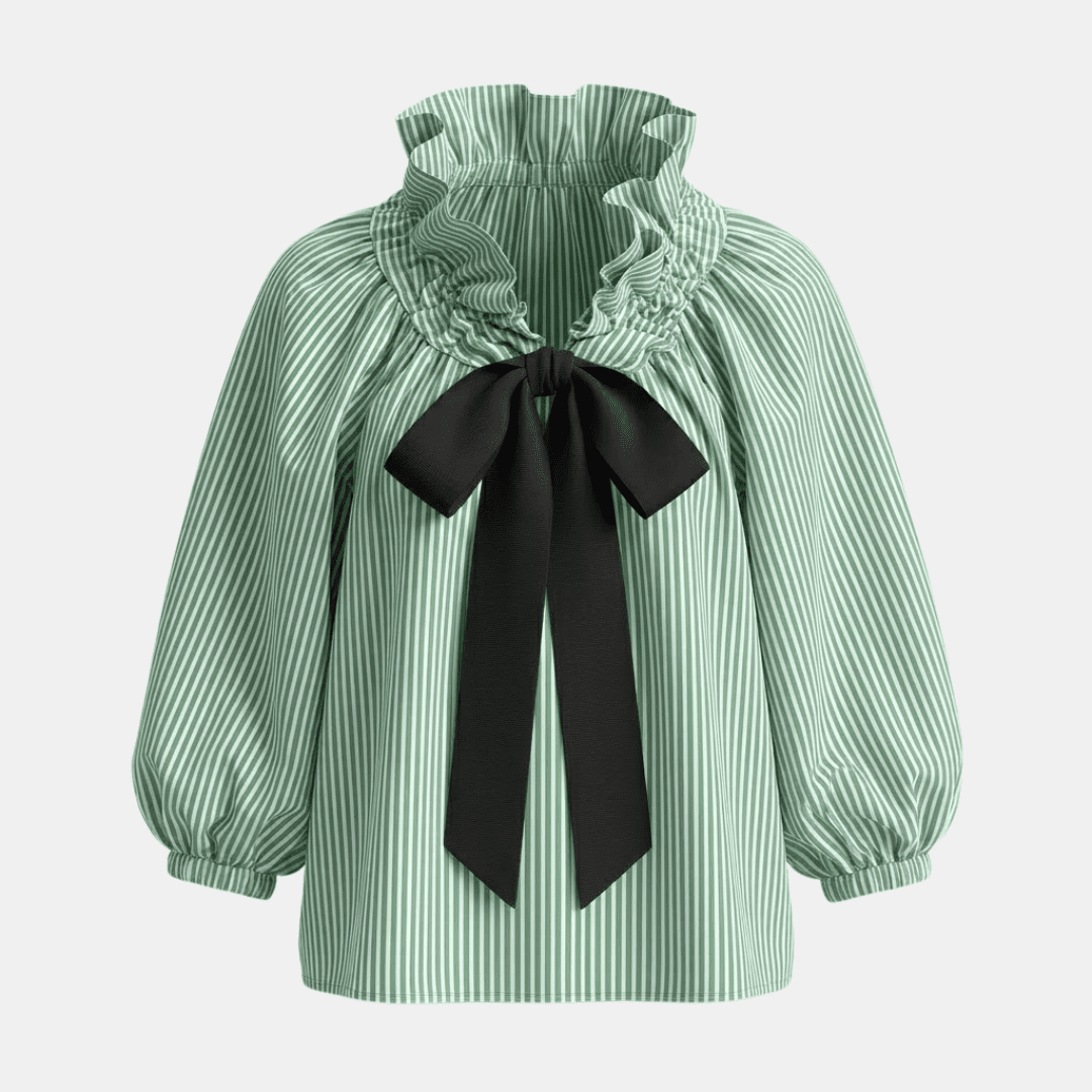 Tammy Bradley women’s gingham ruffle oversized long-sleeve blouse with a relaxed fit and ruffled cuffs.