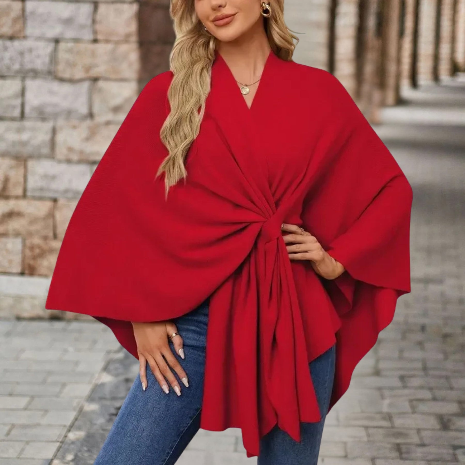 Poncho Sweater Women Draped Knot Detail Relaxed