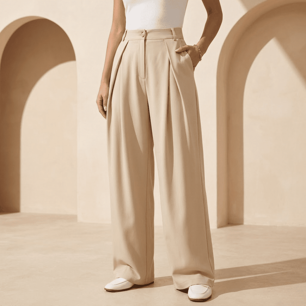 Women's high-waisted wide-leg tailored trousers by Tammy Bradley, stylish and comfortable pants for women.